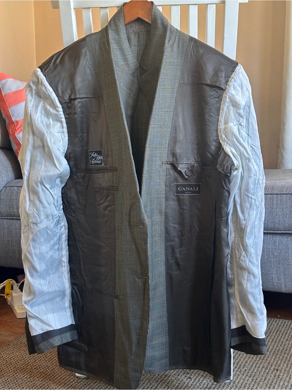 Canali Saks Fifth Avenue Glen Plaid Brown Tan Navy Men’s Sports Coat Size 44 L - Picture 3 of 13